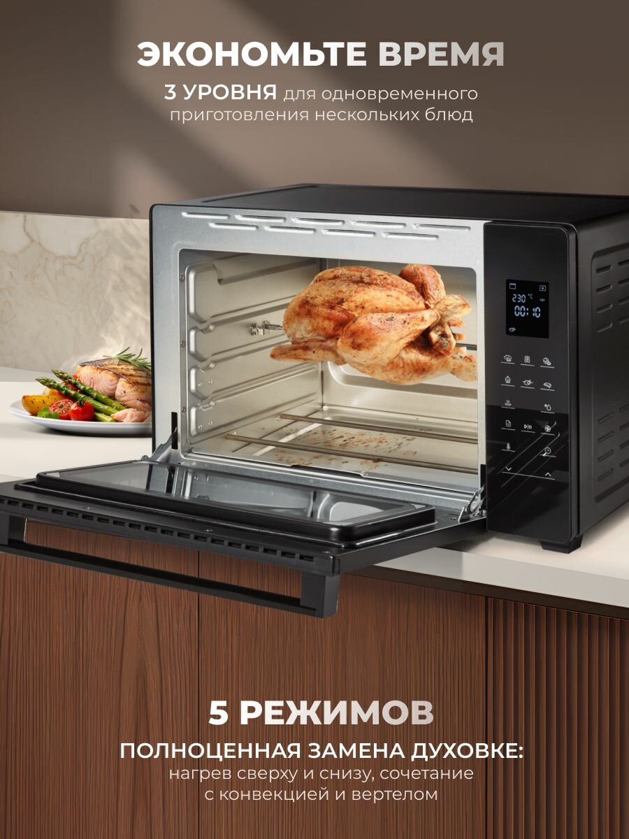 Картинки Мини печь электрическая с конвекцией Hisense HOM45D, 45 л, многоуровневое приготовление, циркуляция горячего воздуха, 5 режимов, автопрограммы, сенсорное управление, черная