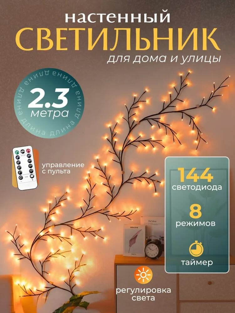 Гирлянда праздничная 2.3 м, 144 LED лампы 8 режимов для декора дома улицы окон с пультом
