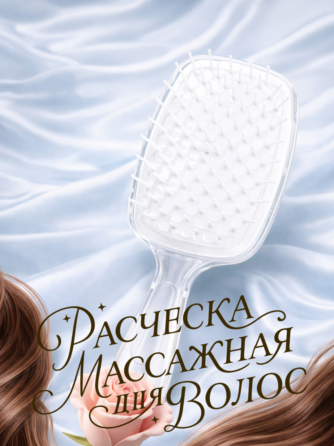 Расческа для волос, мягкая, антистатическая, для бережного ухода за волосами, белая, прозрачный каркас.