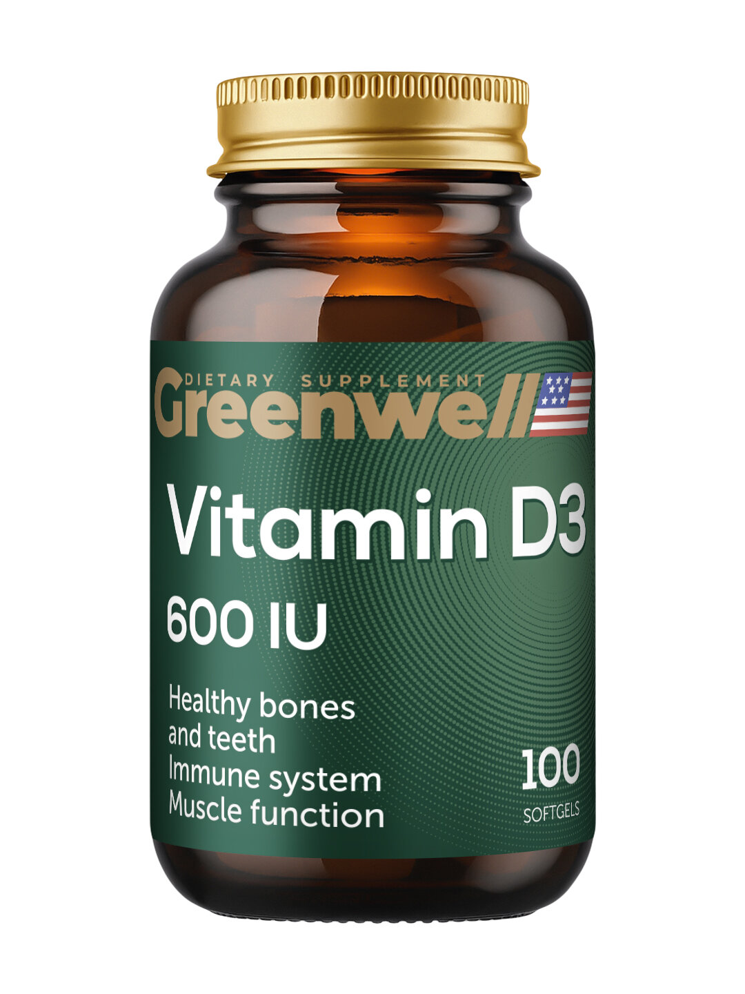 Витамин Д3, укрепление иммунитета и костей, 600 ME, 100 капсул, Greenwell