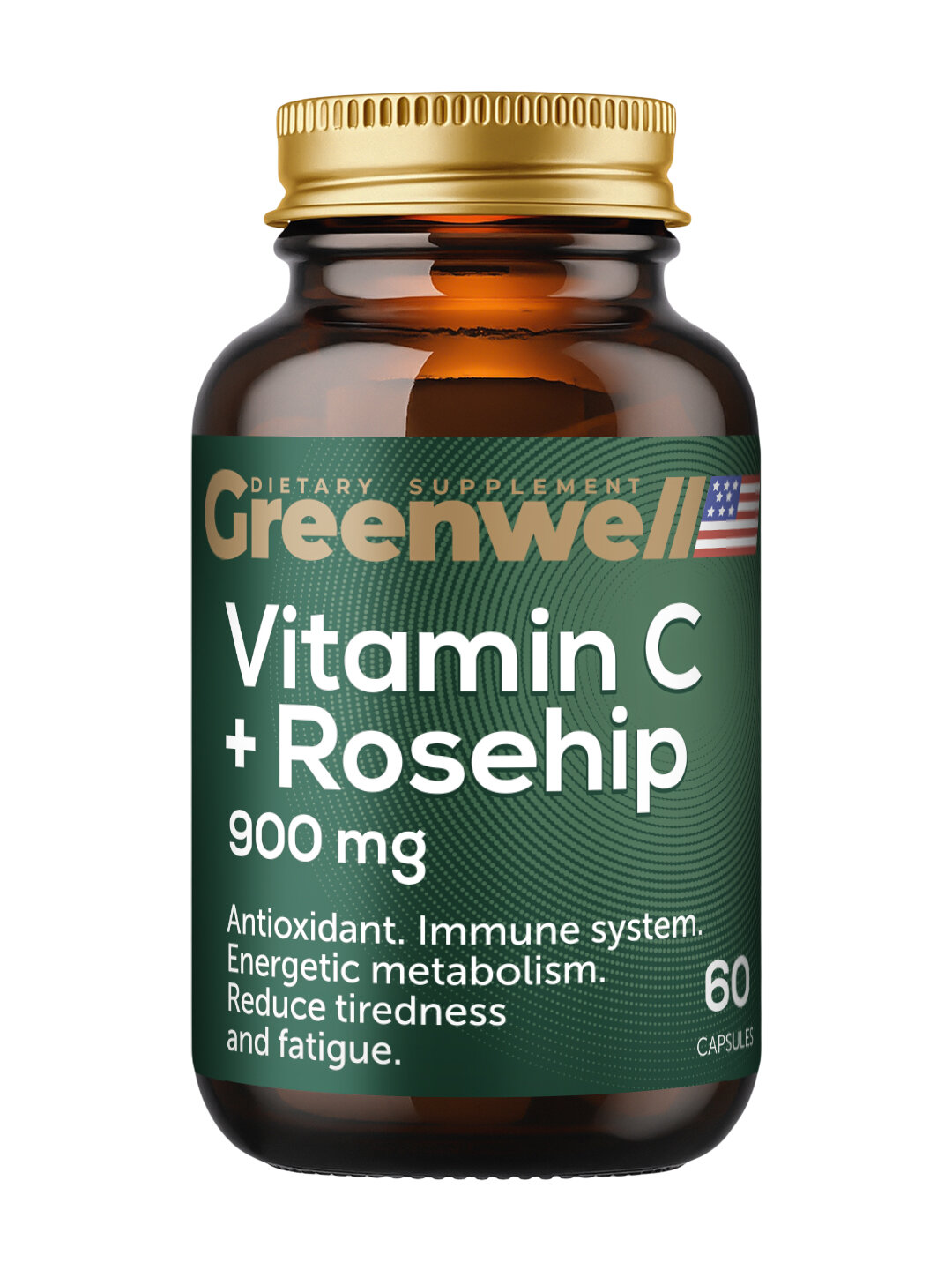 Витамин С + шиповник, для иммунитета и антиоксидантной защиты, 60 капсул, Greenwell