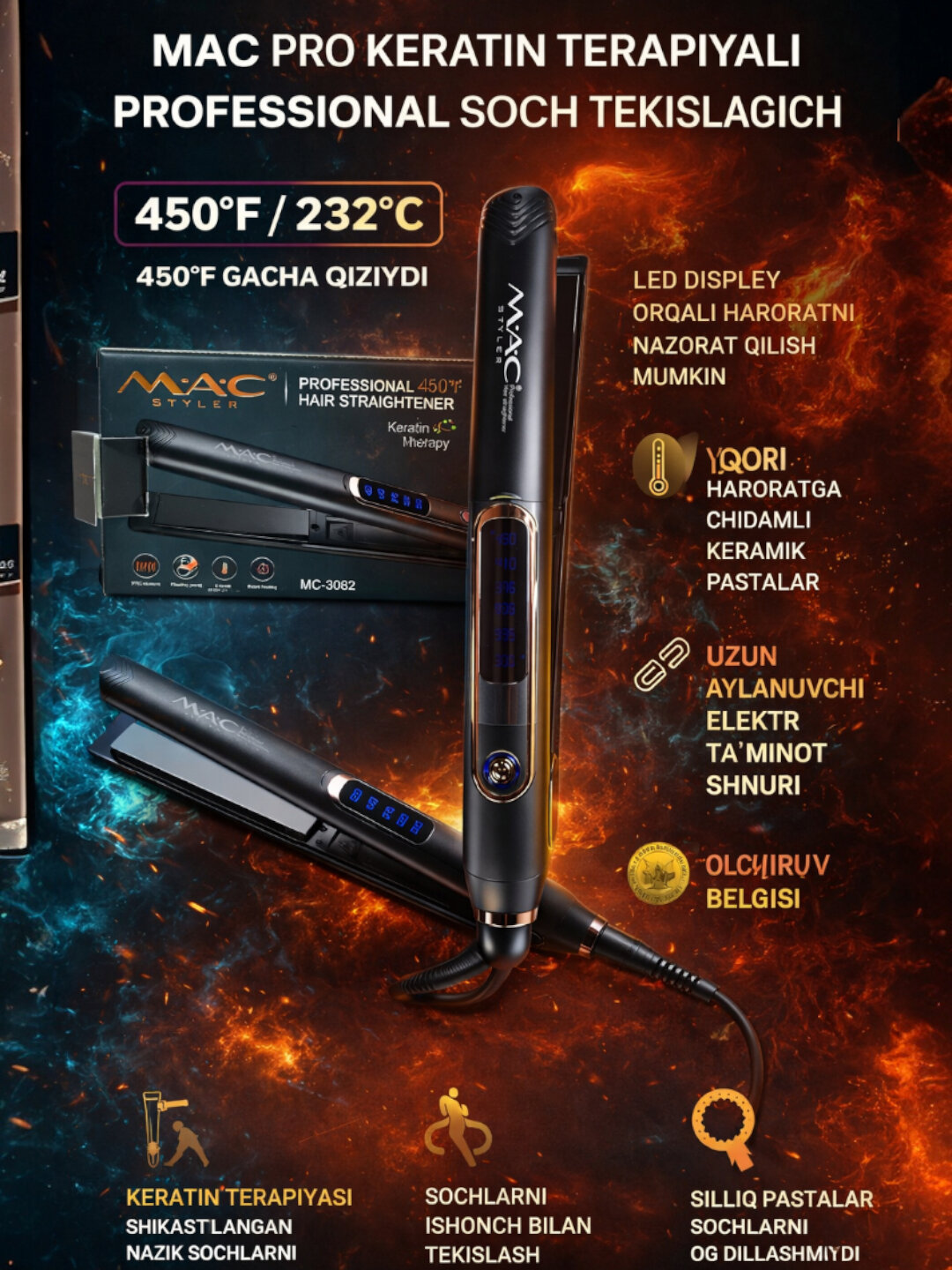 Professional soch tekislovchi dazmol MAC Styler MC-3082, LED displeyli черный