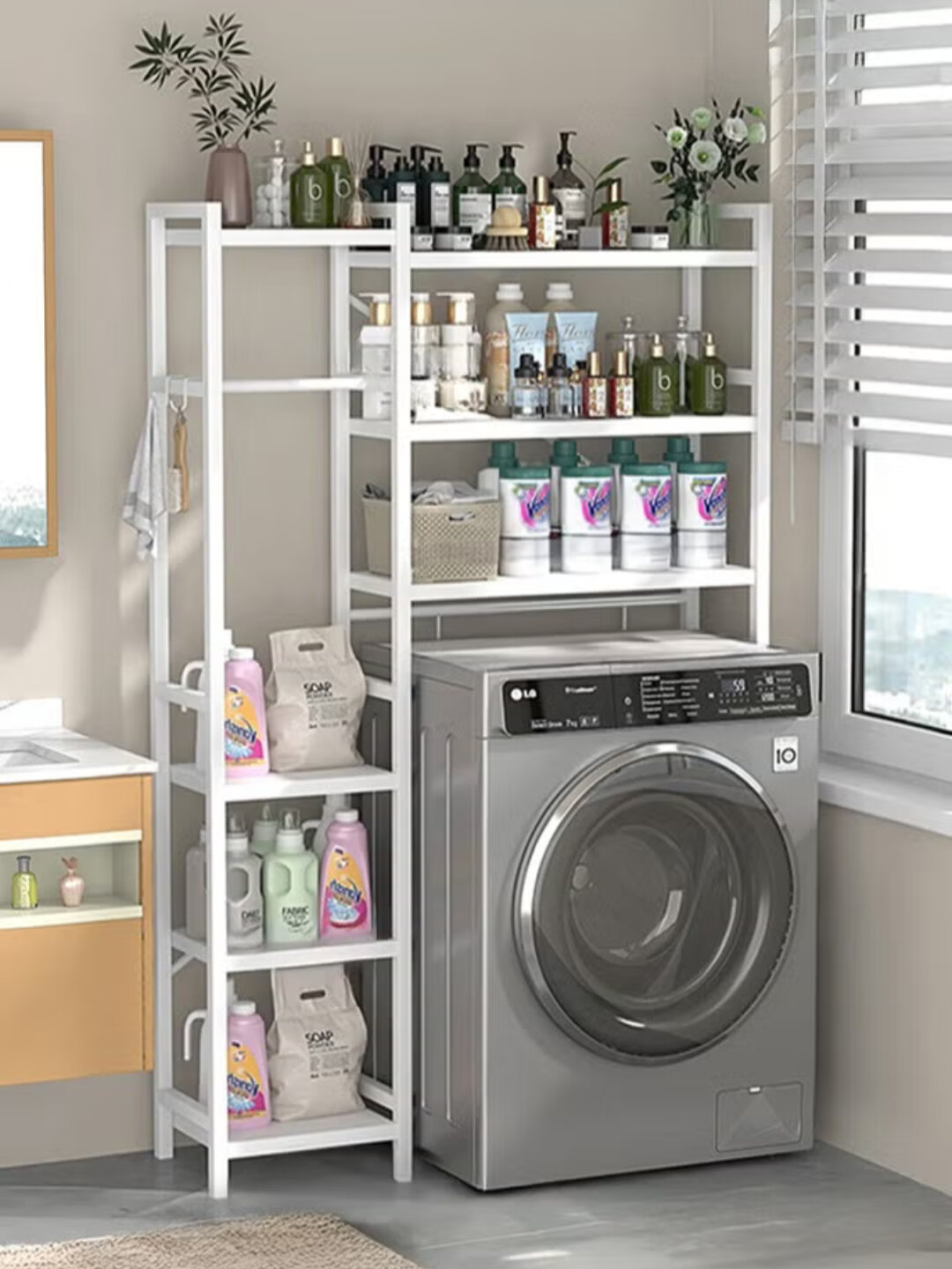 Полка для ванной комнаты, металлический стеллаж над стиральной машиной для хранения - Кремовый