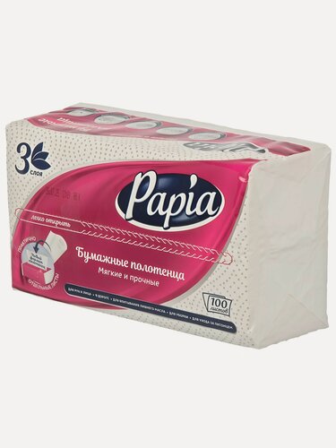 Изображение товара Бумажные полотенца Papia 3 слоя, 100 листов, белые, листовые, мягкие и прочные для дома, кухни и гигиены, артикул 5090823