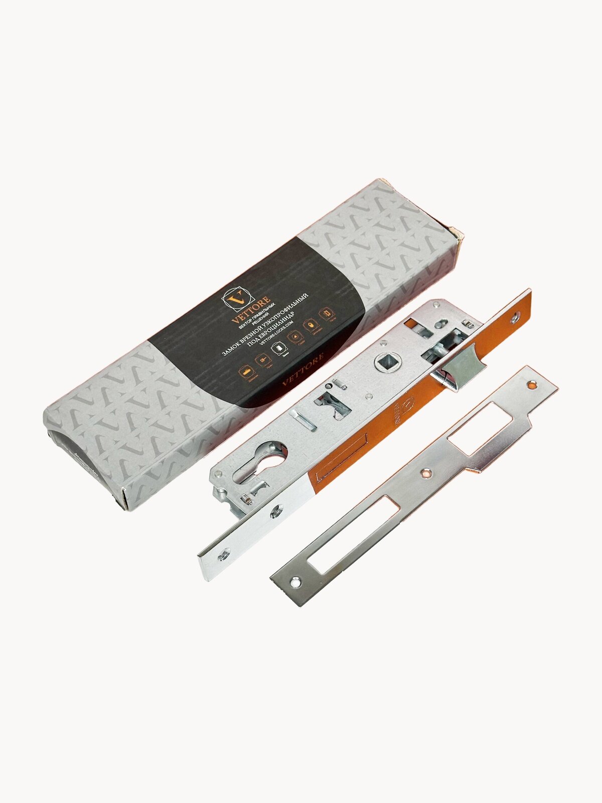 Замок врезной узкопрофильный под цилиндр личинку Хром для входных дверей