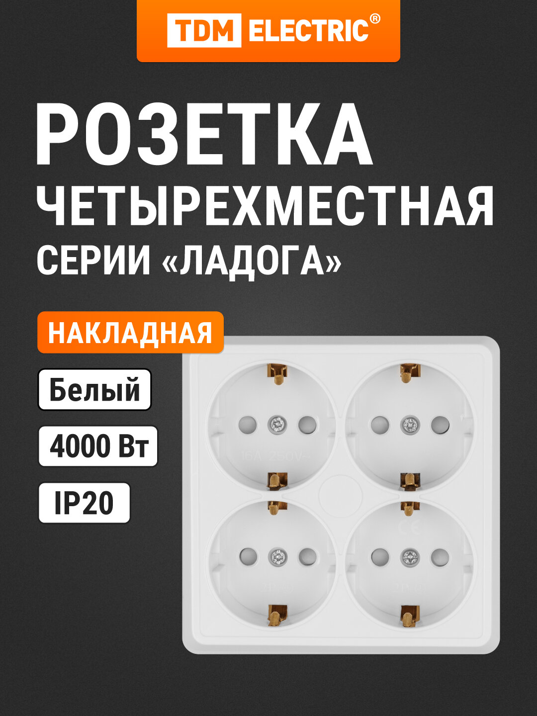 Розетка четырехместная 2П+3 открытой установки IP20 16A с защитными шторками белая серия "Ладога" TDM Electric