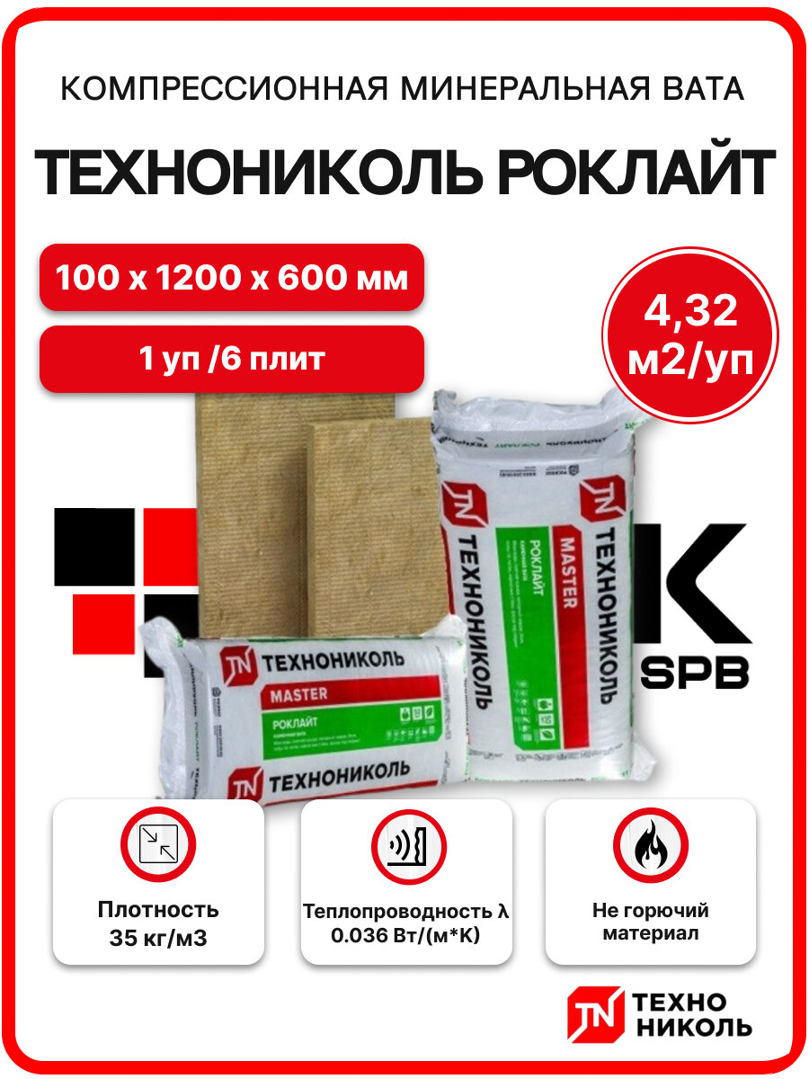 Технониколь Роклайт компрессия 100 мм (1 уп / 6 плит/432 м2) минеральная вата для стен пола кровли