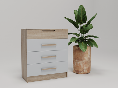 Изображение товара Комод NORD мебель Домино, ЛДСП, сонома/белый, шариковые направляющие, 4 выдвижных ящика