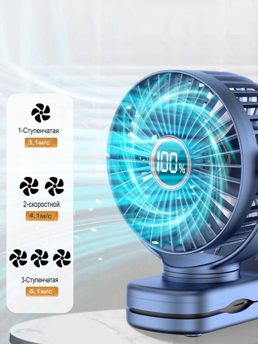 Клиповый вентилятор Coolpaq M24, цифровой дисплей, 3 скорости, портативный, 4,5 Вт — фото 1