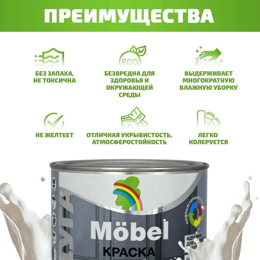 Краска акриловая полуматовая моющаяся для мебели и дерева, обоев 0,9л Радуга Mobel — фото 1