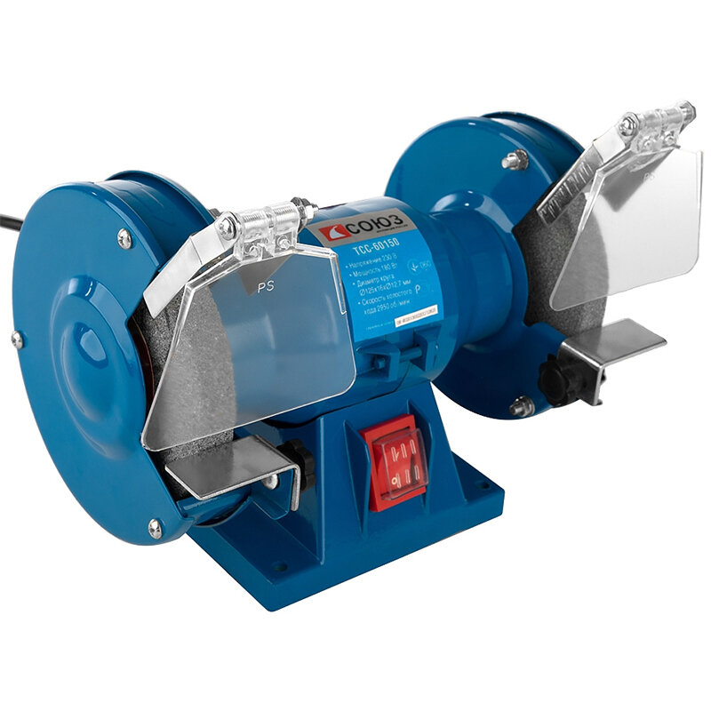 Точильный станок СОЮЗ ТСС-60150 Потребляемая мощность - 200 Вт Число оборотов - 2850 об/мин Длина кабеля - 2 м