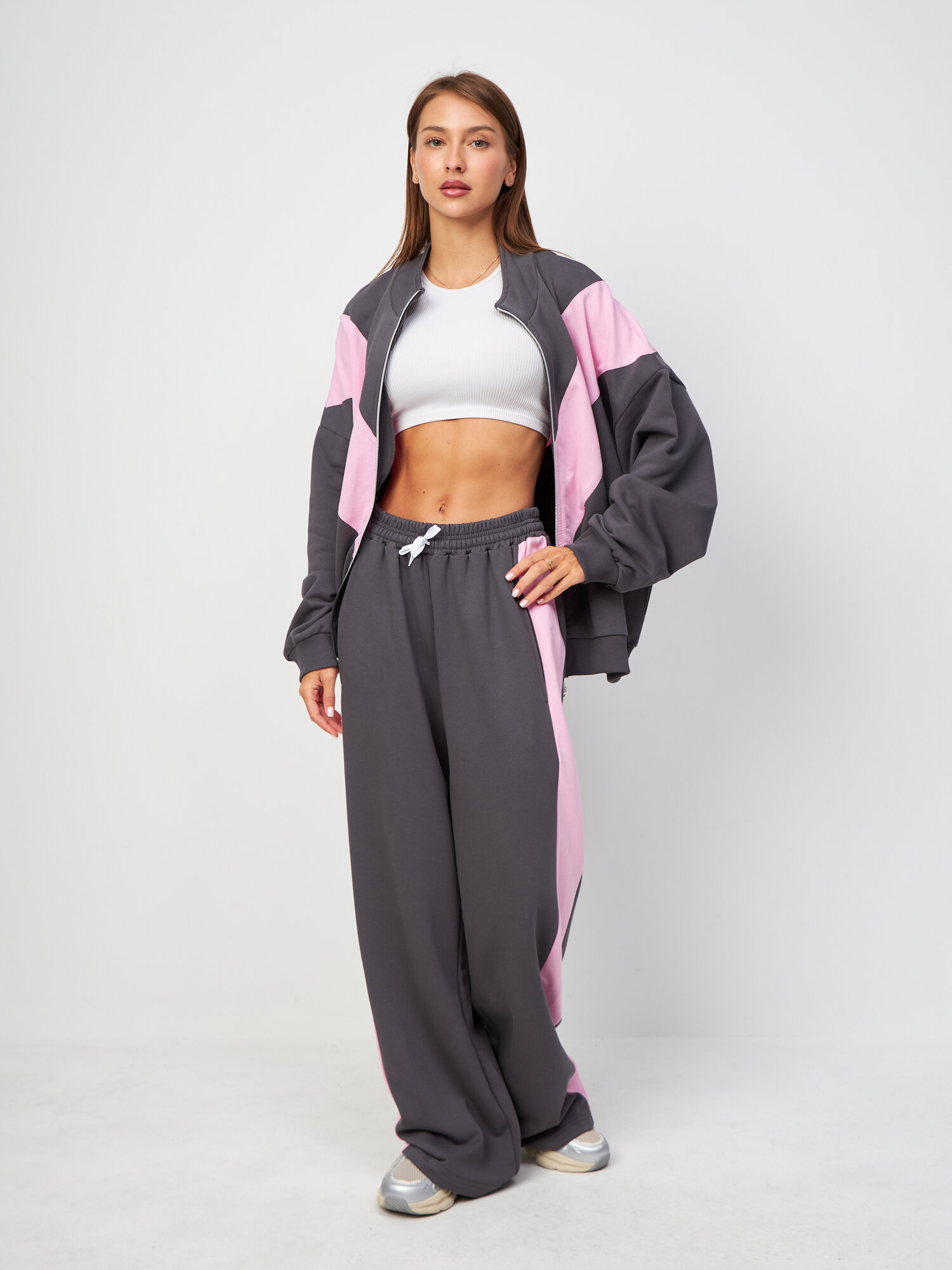 Костюм спортивный  спортивный костюм со штанами, размер 46, серо-розовый — фото 1
