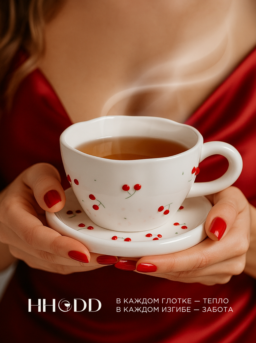 Чайная пара HHODD "Вишенки", керамика, 290мл, чашка и блюдце, подарочная упаковка — фото 1