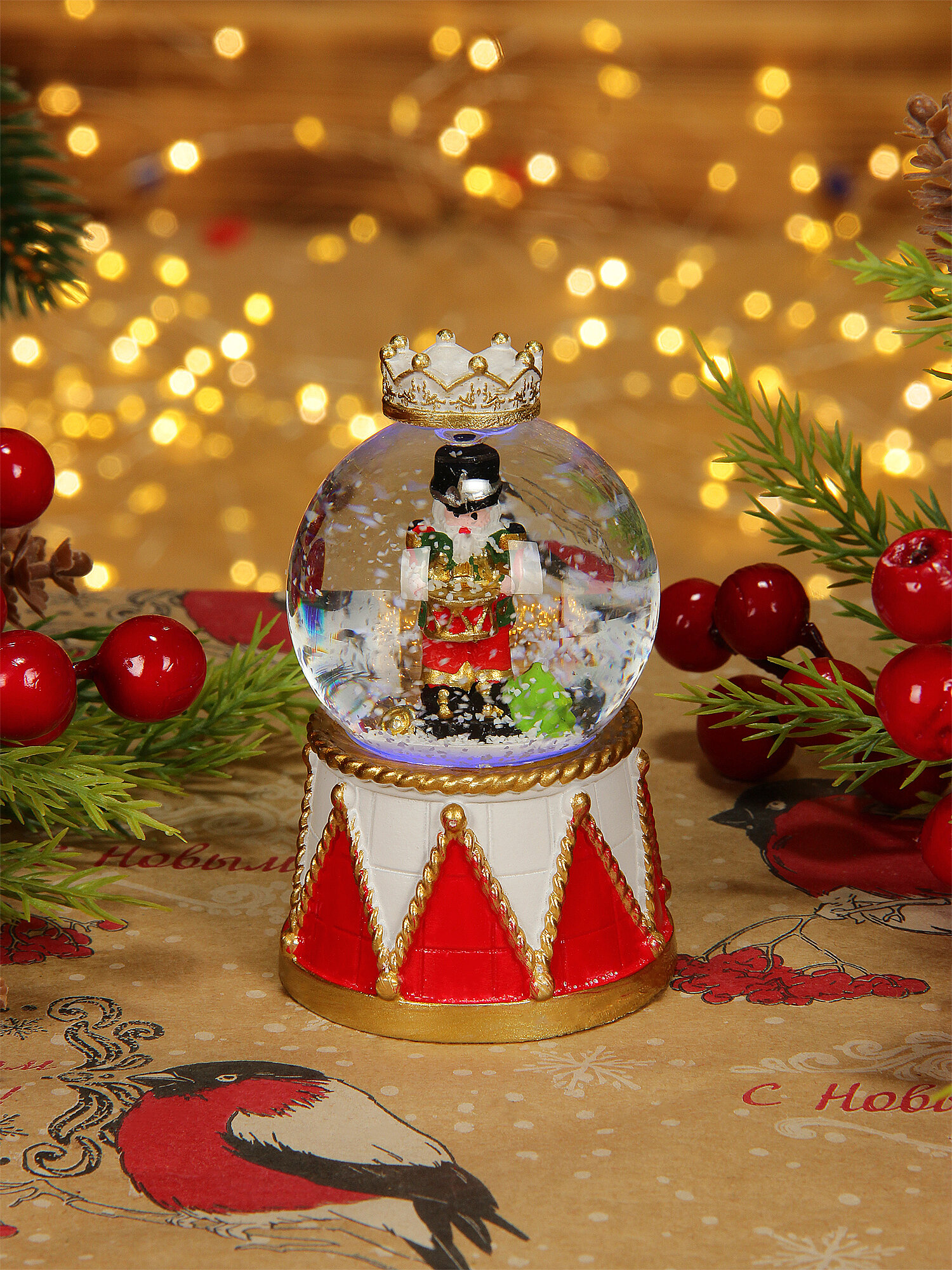 Фонарь новогодний со снегом "Щелкунчик с барабаном" 8 см 1 шт, светильник декоративный