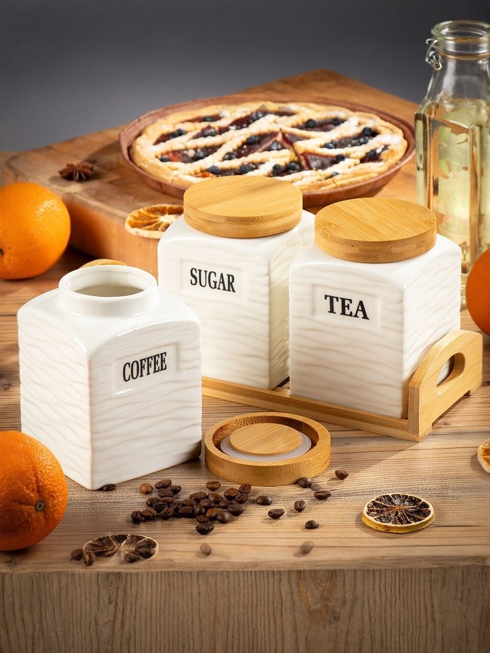 Банка для сыпучих продуктов керамическая белая с бамбуковой крышкой, набор 3 шт на подставке, Y6-6465