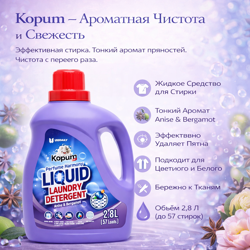 Жидкость для стирки Kopum Plus, 2.8л, для всех тканей, машинная стирка