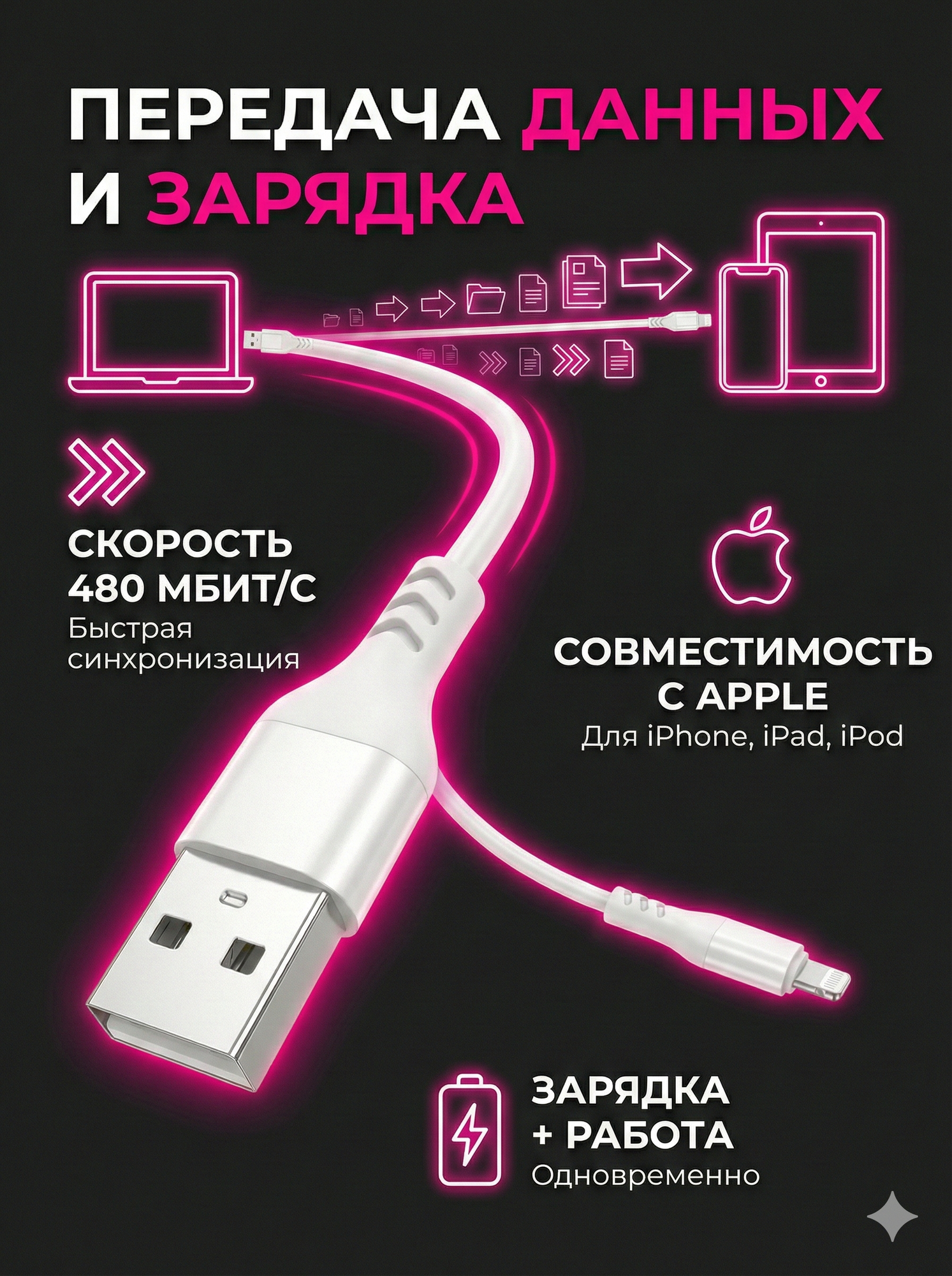 Кабель USB - Lightning Hoco X88 Gratified, 1 метр, белый, для iPhone / iPad / AirPods, быстрая зарядка 2.4A — фото 1