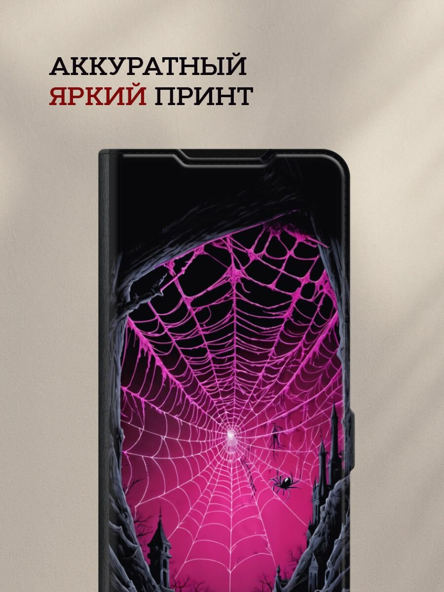 Чехол-книжка на Apple iPhone 16 Pro Max / Айфон 16 Про Макс с принтом Паучья паутина в розовом, черный — фото 1
