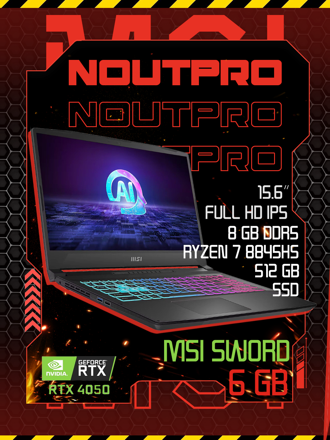 Ноутбук MSI Sword 15 R7-8845HS, 8 GB DDR5, 512GB SSD 15.6" FHD IPS 144 Hz, RTX 4050 6GB