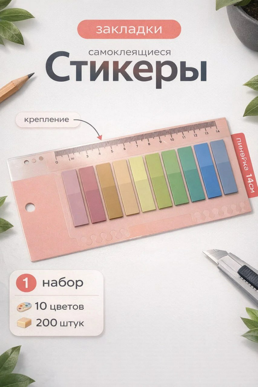 Самоклеящиеся закладки-стикеры (10 цветов, 200 штук, линейка 14 см)