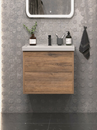 Изображение товара Тумба подвесная Vannika Rinni 50 с раковиной Фостер 50 для ванной комнаты, дуб веллингтон табак
