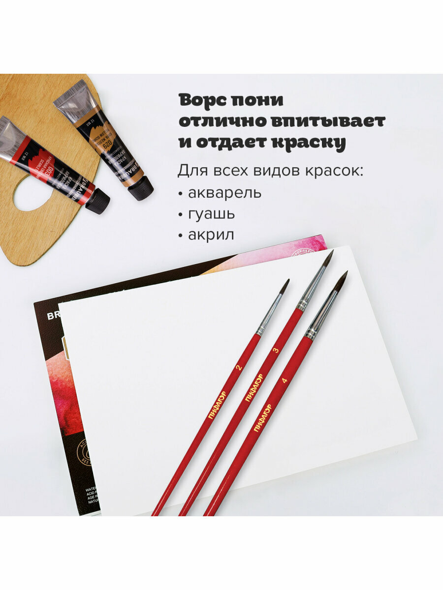 Кисти / кисточки для рисования Пифагор, набор из 3 штуки, (из ворса пони кругл. № 2,3,4), 200227 — фото 1
