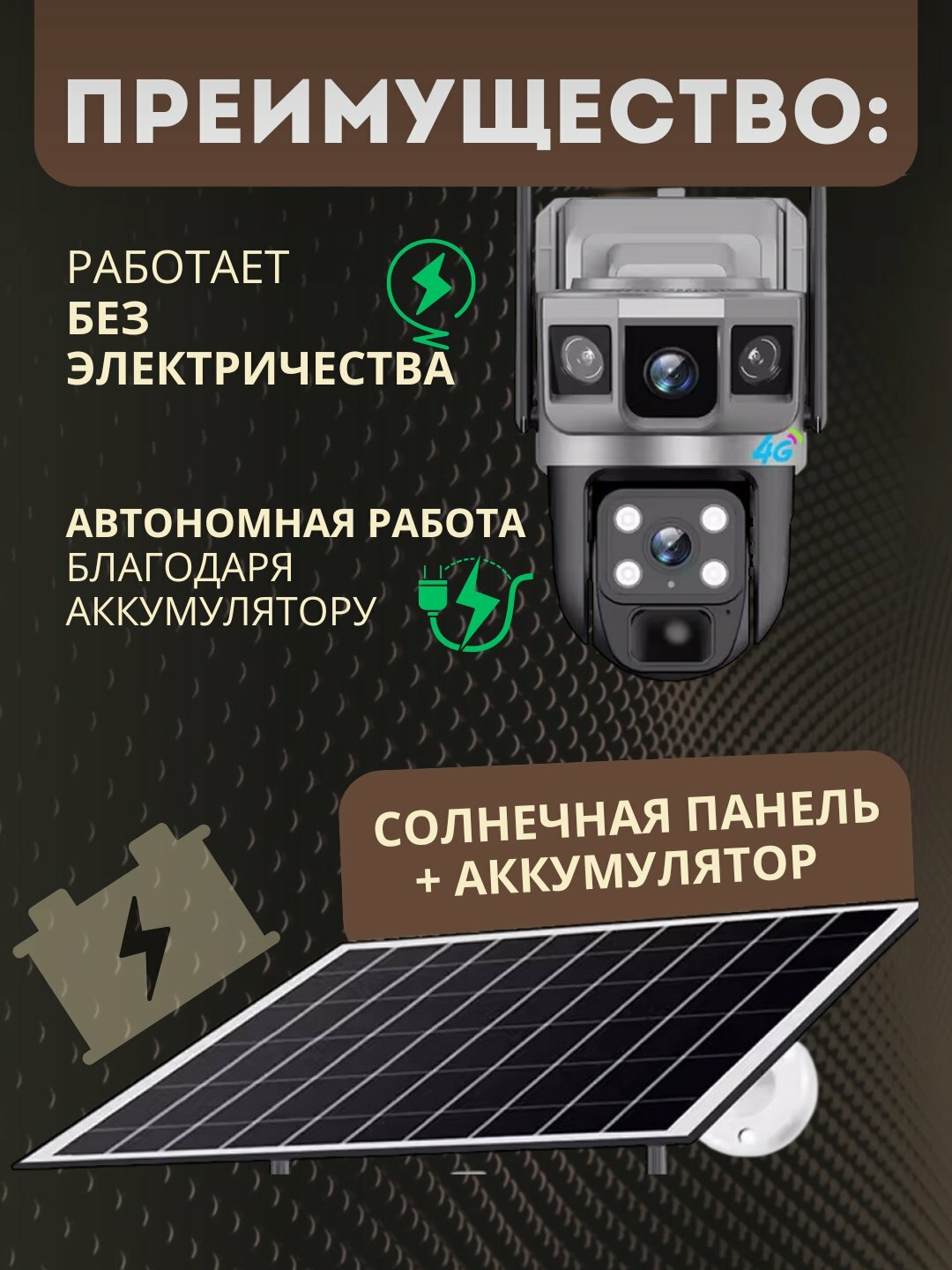 4G Wi-Fi поворотная IP-камера с солнечной панелью и аккумулятором, автономная, Full HD, 360°, ночное видение