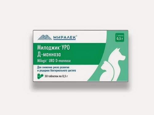 Изображение товара Кормовая добавка для собак и кошек Миралек Милоджик Уро Д-манноза 0,5 гр, 30 таблеток