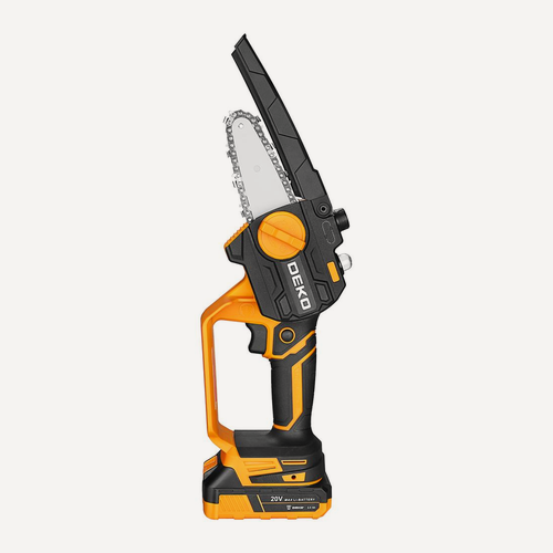 Изображение товара Пила цепная аккумуляторная Deko DKCHS 20-4 063-4480, Li-Ion, 2 Ач, длина шины 10 см, бак 22 мл, желтый