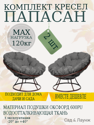 Изображение товара Комплект из 2 кресел Папасан для дачи, коричневые, с серыми подушками (без ротанга)