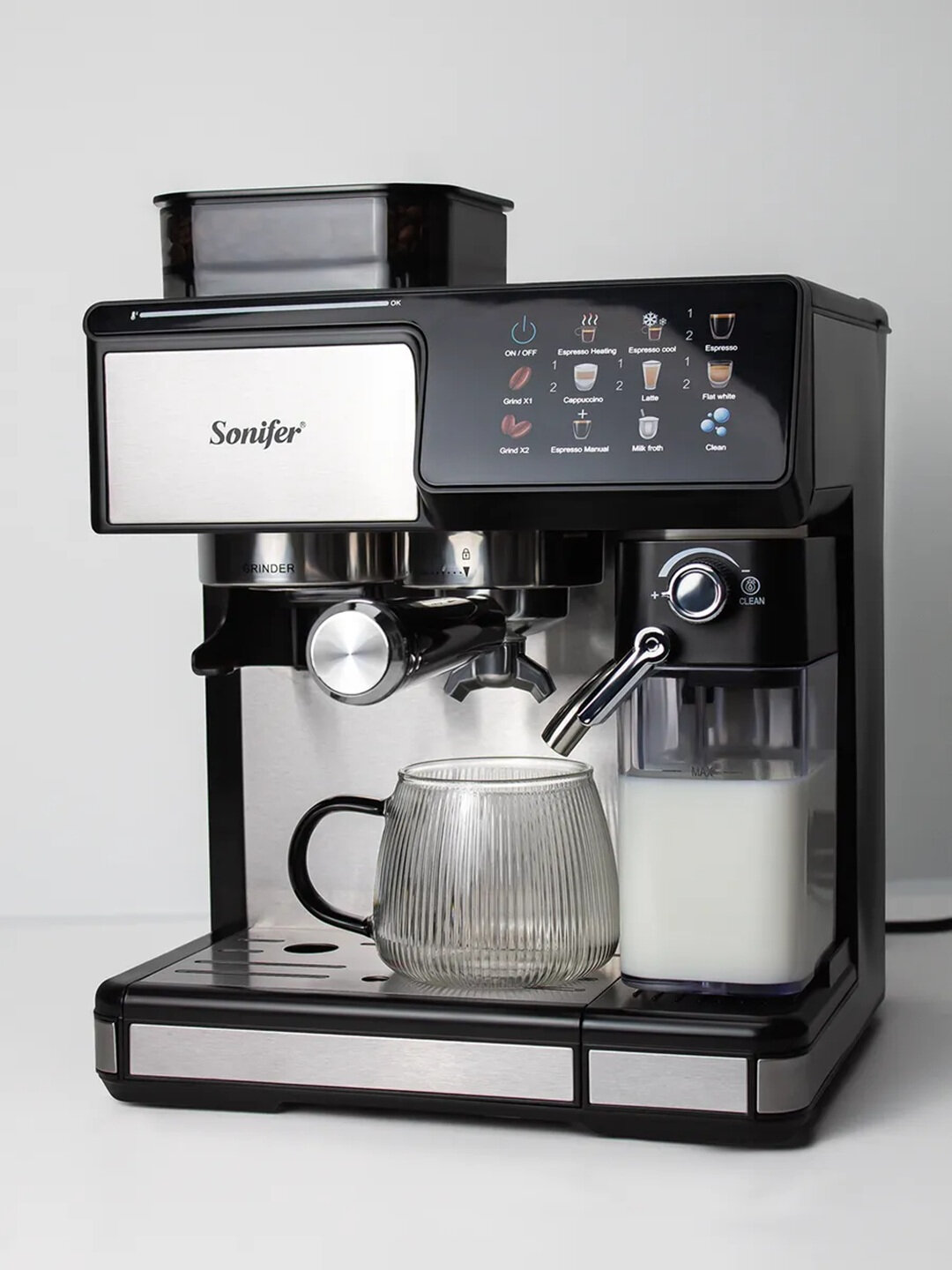 Кофемашина 3 в 1 Sonifer SF-3590 Эспрессо Латте Сенсорный экран Встроенная кофемолка 20 степеней помола Молочная пена