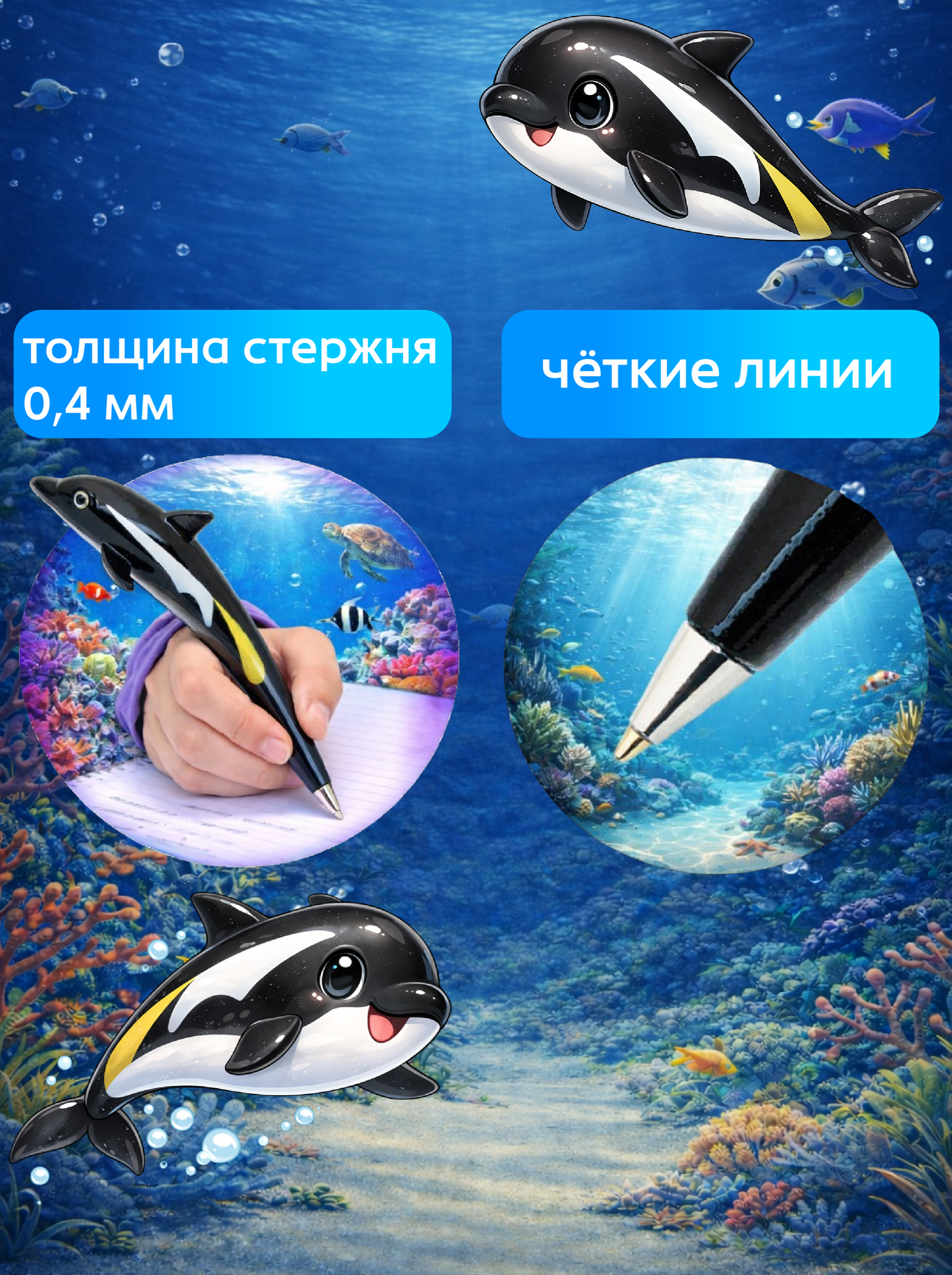 Ручка "Дельфин черный" фигурная, стержень шариковый, синий, подарок девочке, мальчику на 23 февраля — фото 1