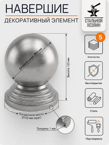 Изображение товара 5 шт. Кованый элемент Заглушка шар на круглую трубу Посадочное место 102 мм