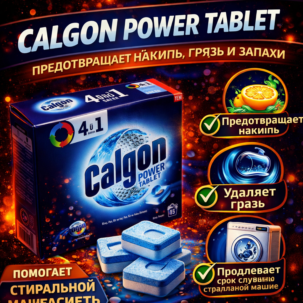 Средства для очистки барабана стиральных машин от накипи и грязи Calgon Power Tabs, 15 шт