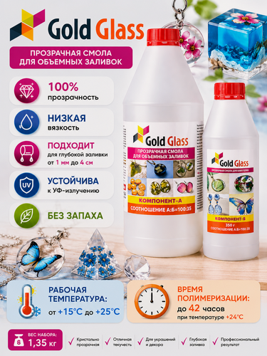 Изображение товара Прозрачная эпоксидная смола Gold Glass 1,35 кг с рекомендуемой толщиной заливки до 4 см.