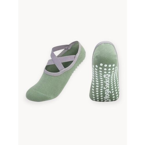 Носки противоскользящие для йоги фитнеса и пилатеса. Зеленые с лямками