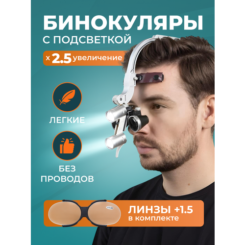 Налобный осветитель с бинокулярами 2.5х и линзами 1, 5 + 2 АКБ в комплекте бинокуляры стоматологические со светом в кейсе
