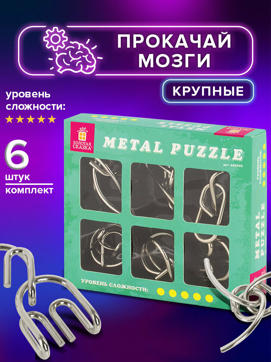 Головоломки металлические для взрослых и детей Золотая Сказка (уровень сложности Профи), набор 6 штук, 662090