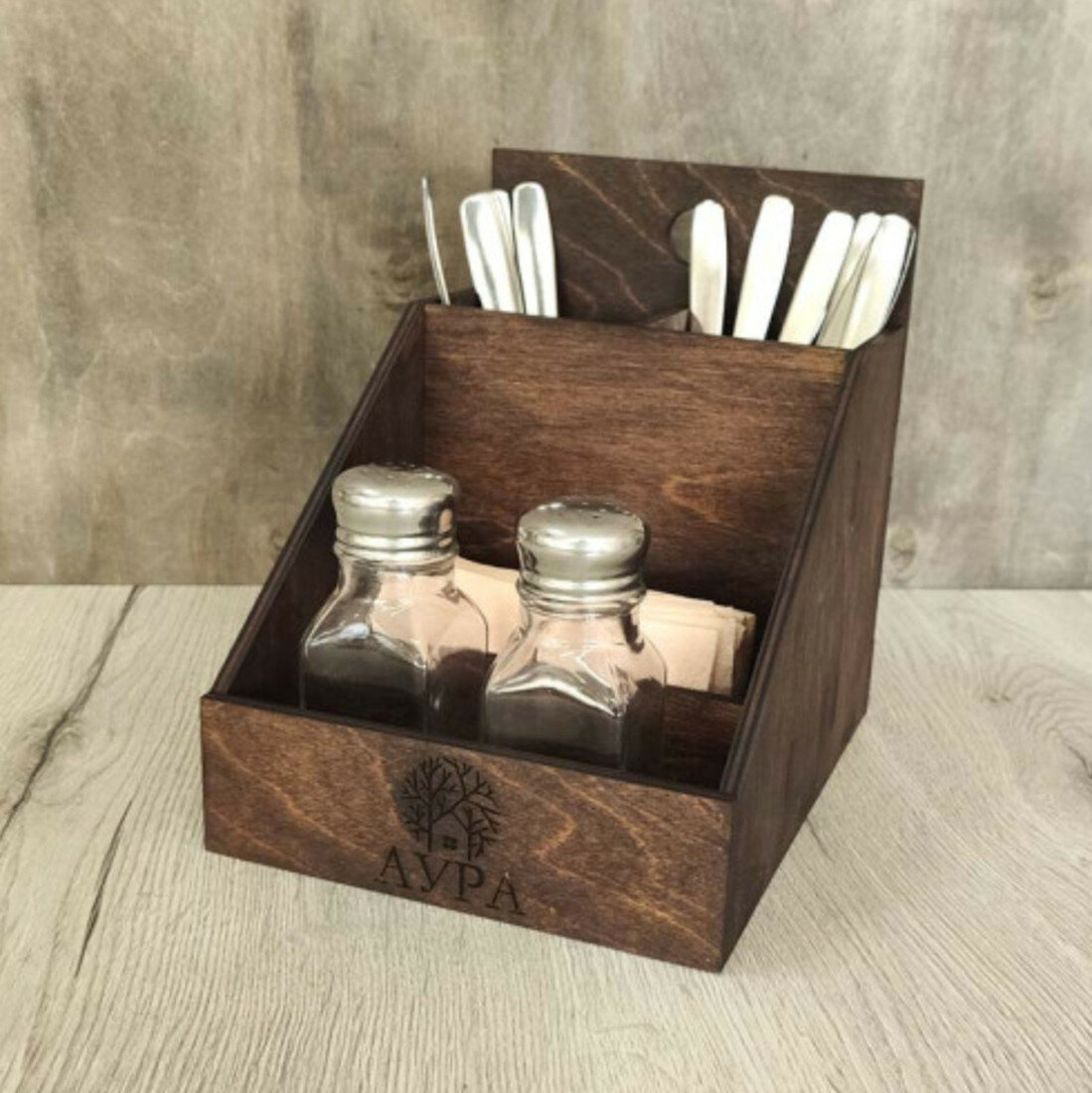 Деревянная подставка для столовых приборов, визиток и специй