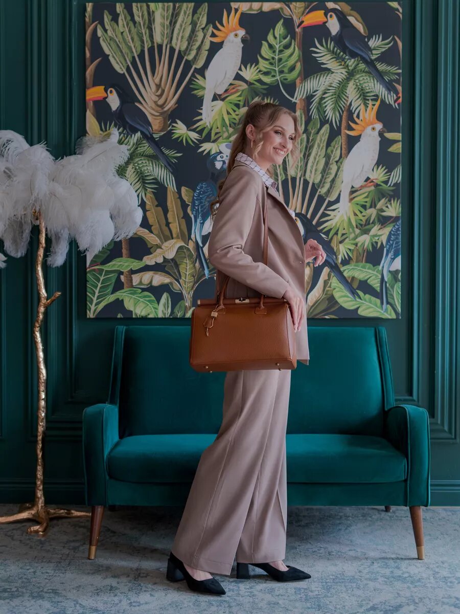 Сумка саквояж Paprika Bag Italy, фактура зернистая, бежевый, коричневый — фото 1