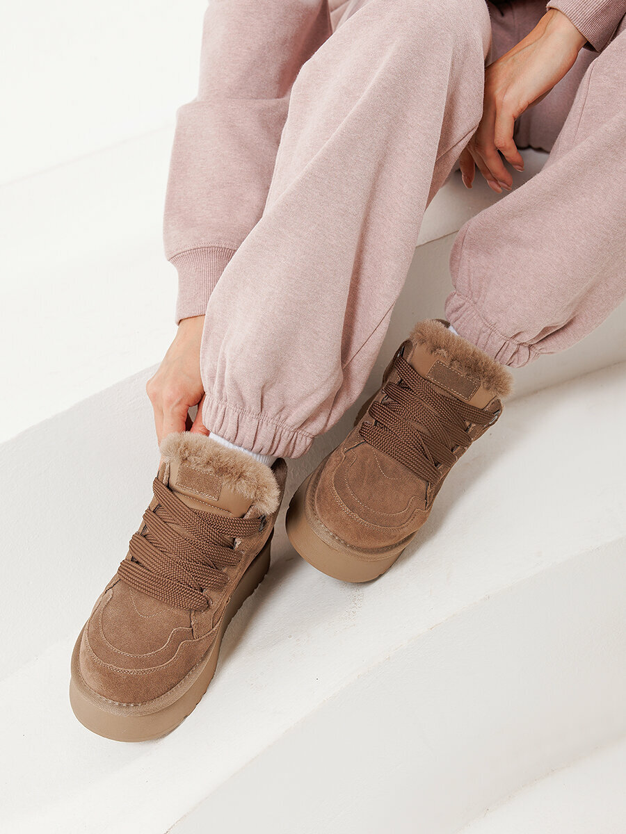 Кеды  ботинки на платформе с мехом, полнота 7, размер 39, бежевый — фото 1