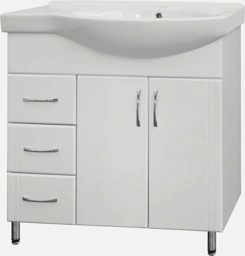 Изображение товара Тумба под раковину без столешницы Style Line Эко Стандарт №25 82 напольная, белая, глянцевая, тумба для ванной, с ящиками, с дверками, с доводчиками