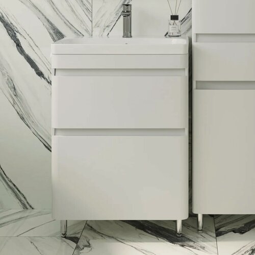 Изображение товара Тумба с раковиной Style Line Атлантика 60 напольная, 60 см, белая, матовая, из МДФ, с ящиками, раковина для ванной, из искусственного мрамора, прямоугольная