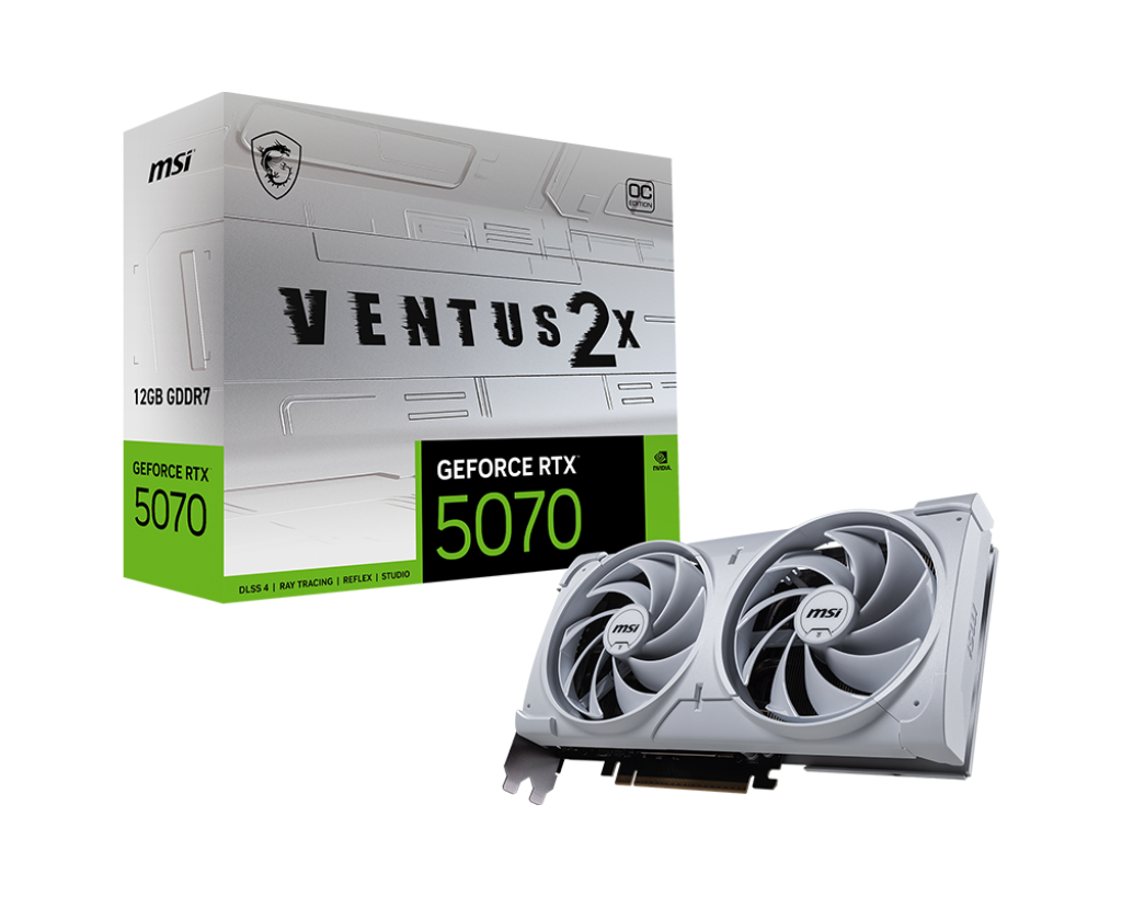 Видеокарта MSI GeForce RTX™ 5070 12G VENTUS 2X OC (G5070-12V2C), 12ГБ GDDR7, 28 Гбит/с, 192-bit, PCI Gen 5, WHITE