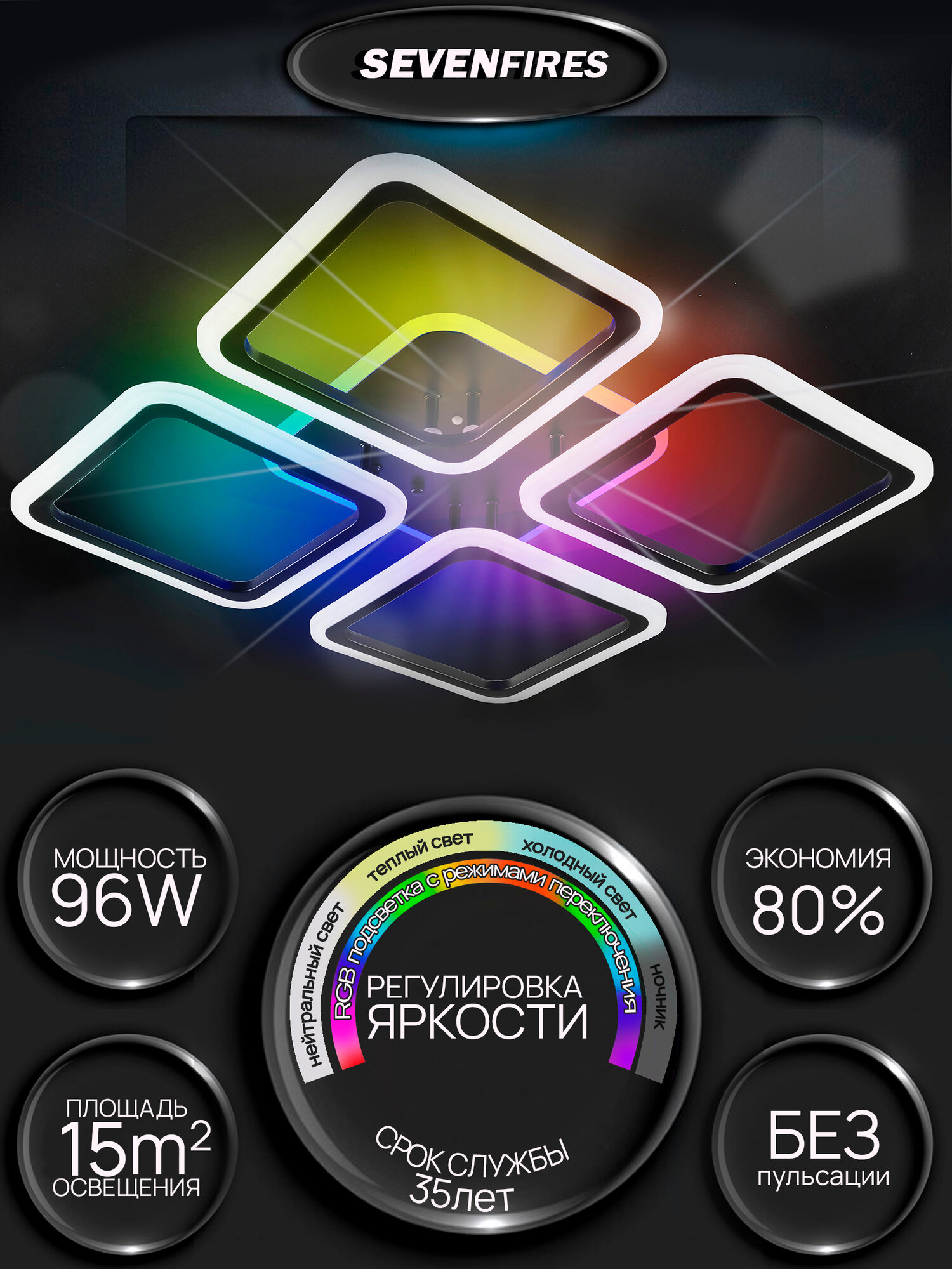 Люстра потолочная светодиодная Семь Огней, черная, с пультом и RGB подсветкой