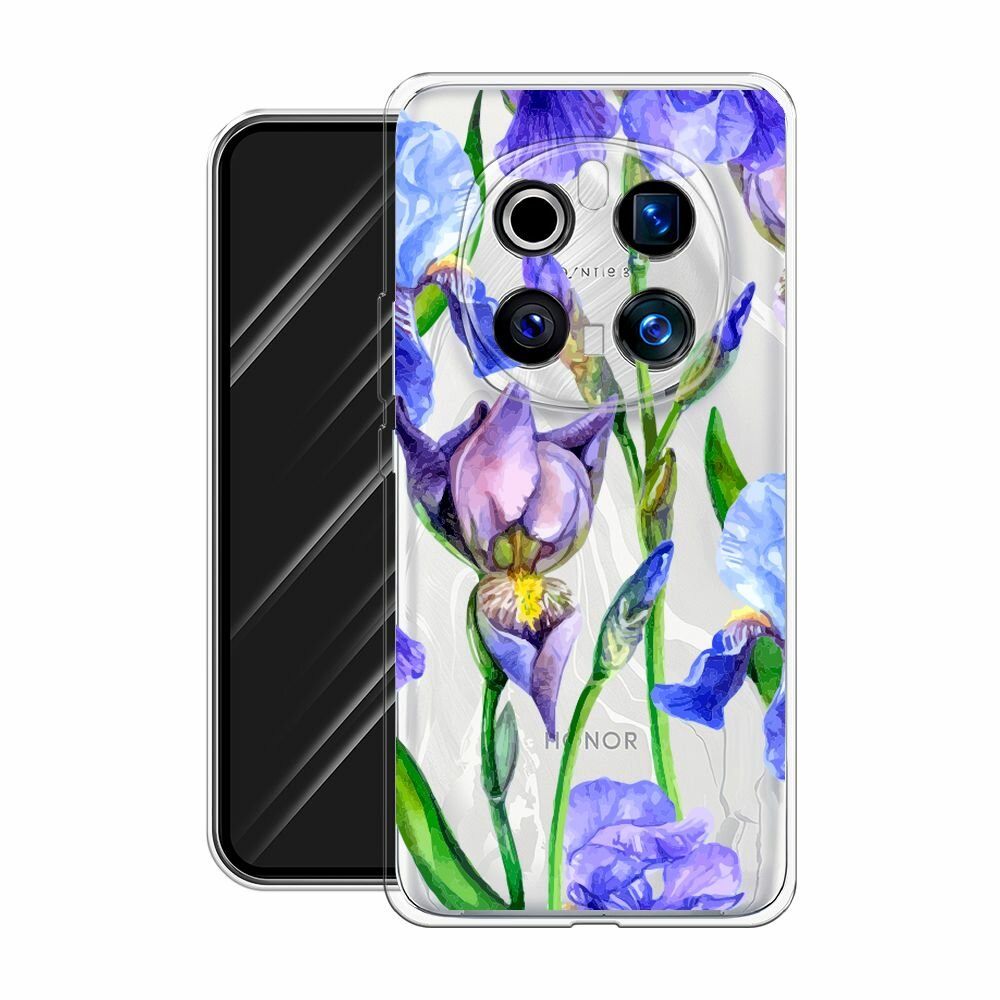 Чехол на Honor Magic 7 Pro / Хонор Мэджик 7 Про с принтом "Синие ирисы", прозрачный — фото 1