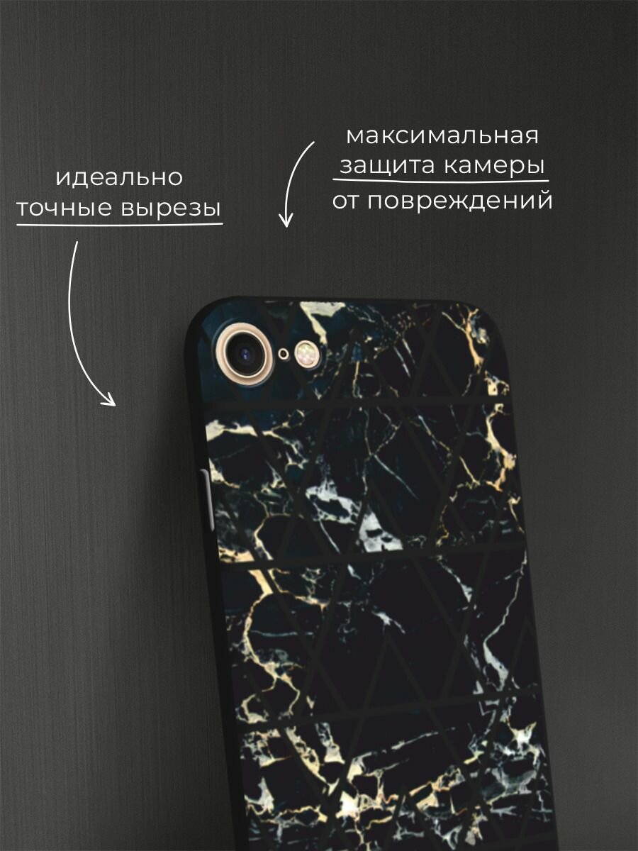 Черный матовый чехол на Apple iPhone 7 / Айфон 7 с принтом "Черный мрамор с узорами треугольниками" — фото 1