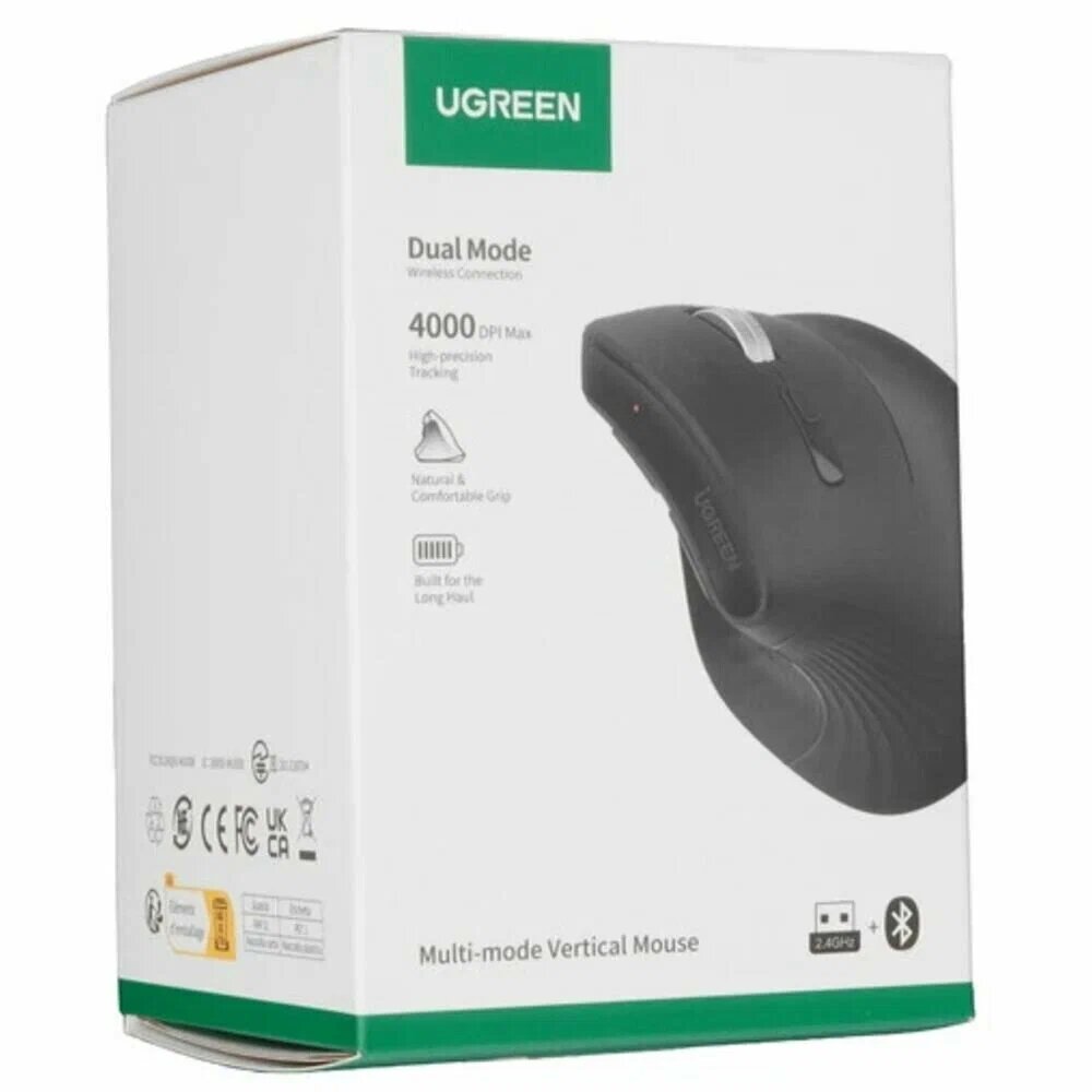 Мышь для компьютера Ugreen MU008, вертикальная, беспроводная, 4000 DPI, чёрная, 6 кнопок