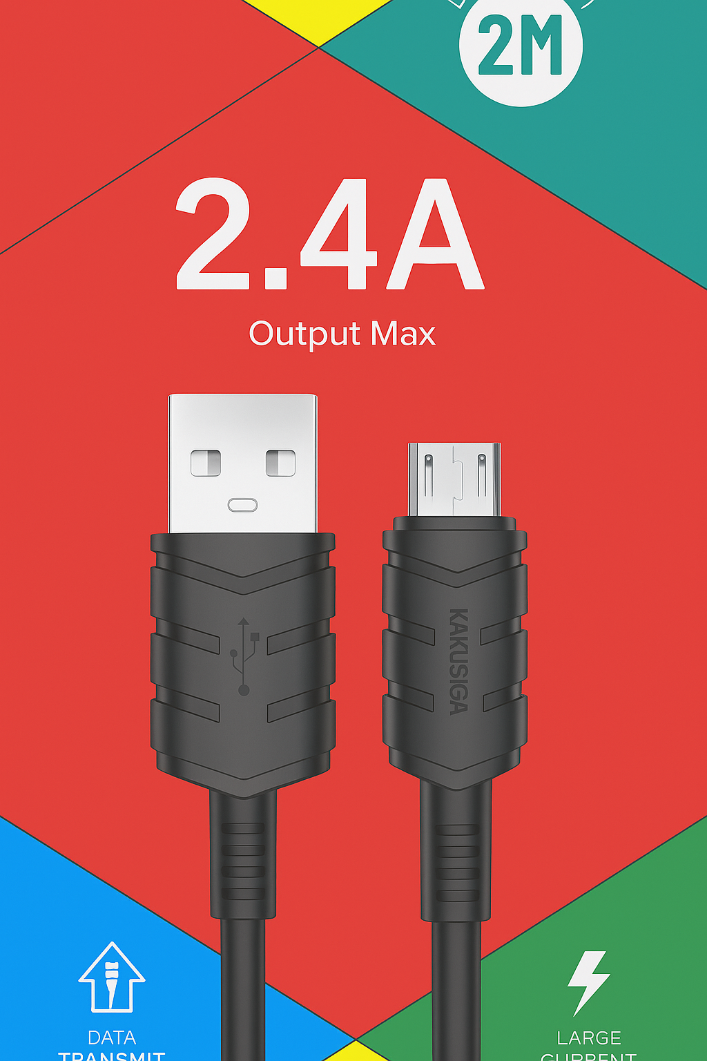 Кабель Kakusiga Micro 2Mетр — быстрая зарядка 2,4 А, черный цвет, высокоскоростная передача данных, прочный материал ПВХ