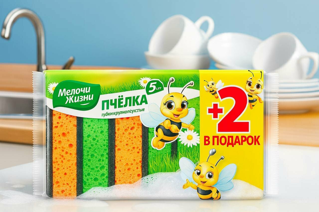 Губка для мытья посуды Пчёлка 5+2 шт – двухслойная, прочная, универсальная